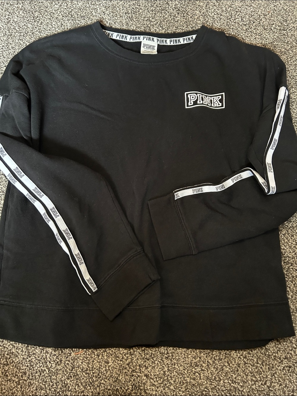 PINK Black Sweatshirt with White Logo and Stripe Trim